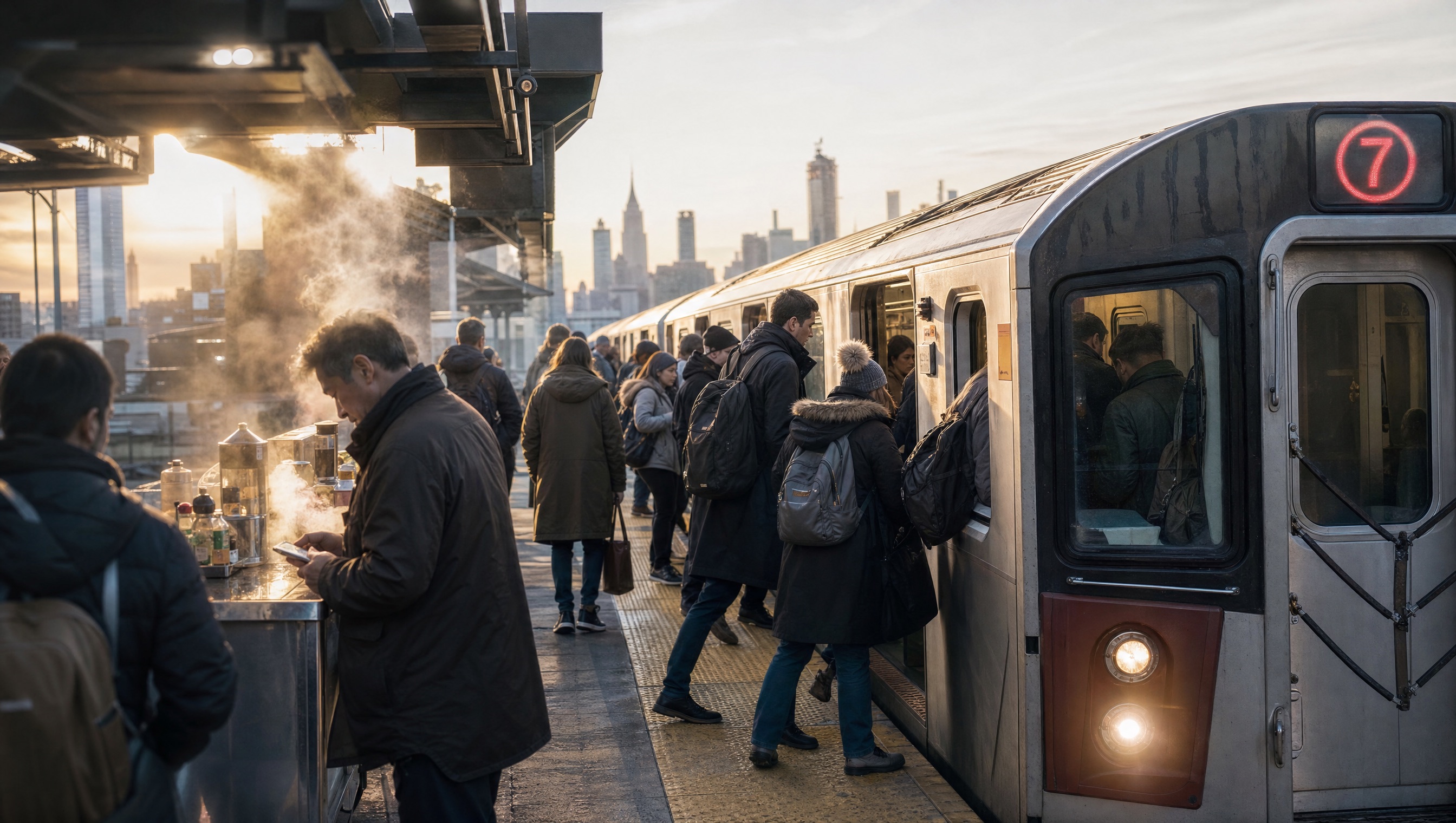 The 7 train at 52nd Street during the morning rush.